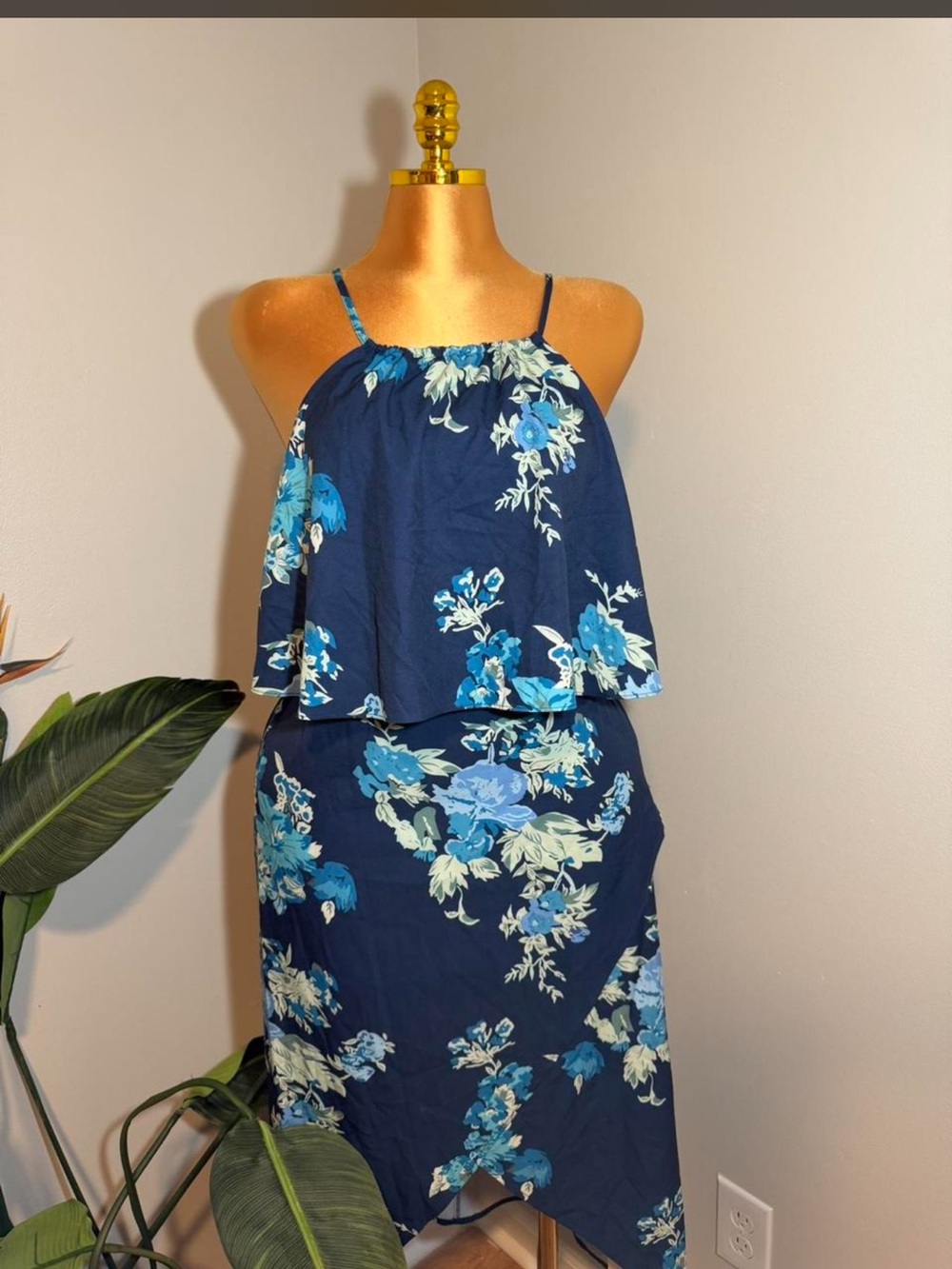 Women’s Navy Blue Floral Halter Tank Top Dress
